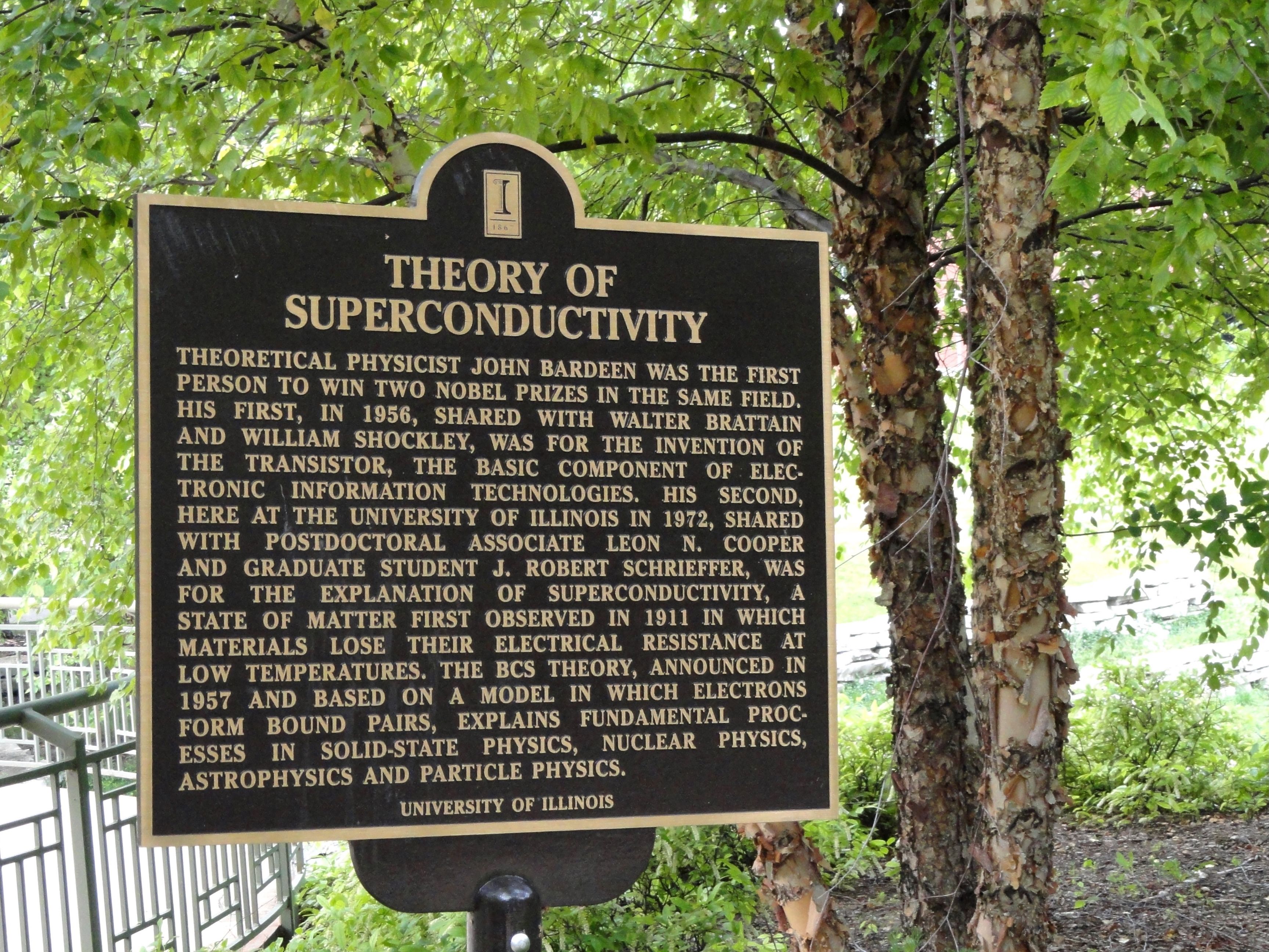 A plaque on the Bardeen Engineering Quad at the University of Illinois at Urbana-Champaign honoring the achievements of John Bardeen
