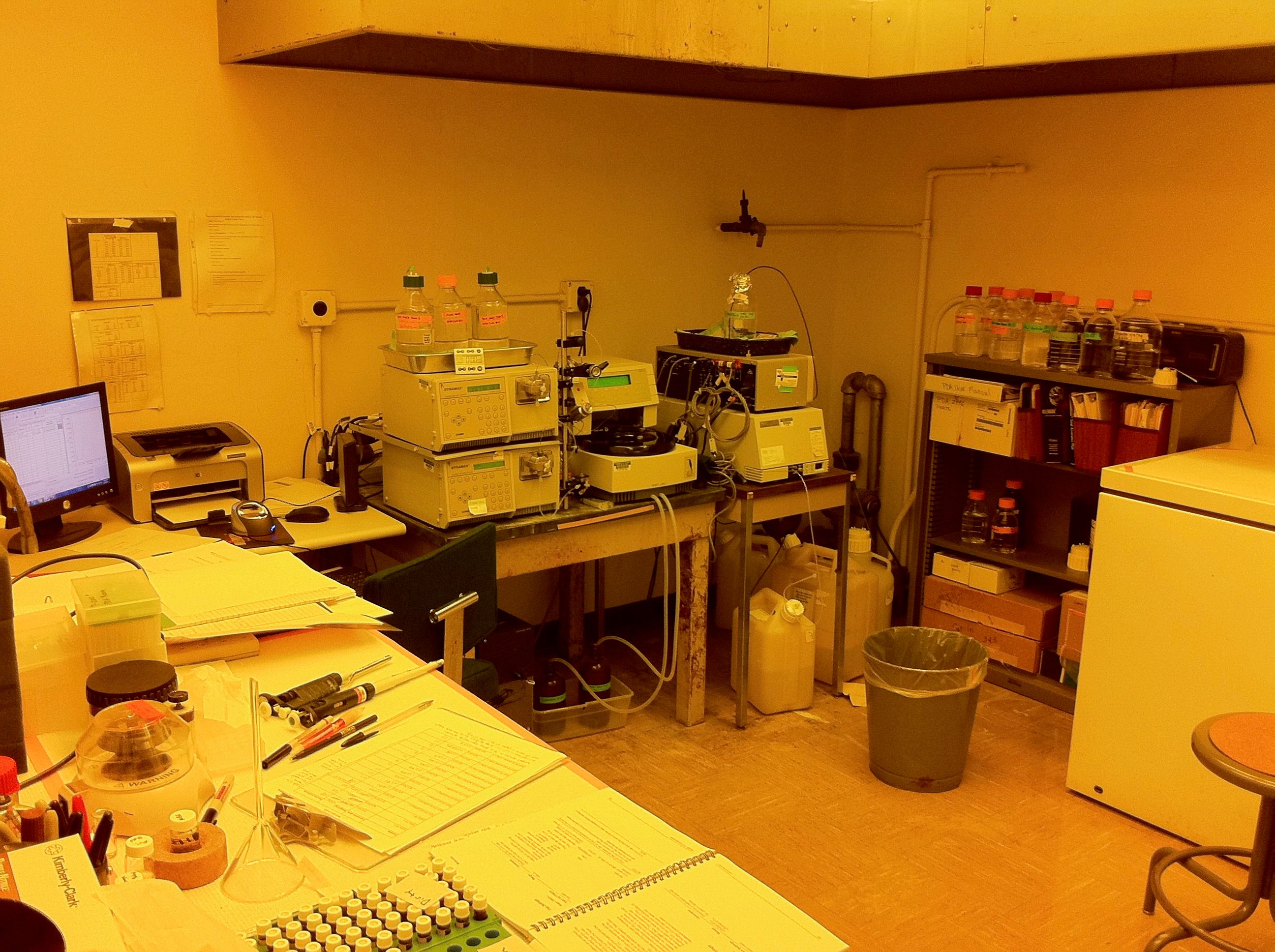 HPLC room in Bevier Hall at the University of Illinois at Urbana-Champaign, with yellow lights optimized for work with carotenoids