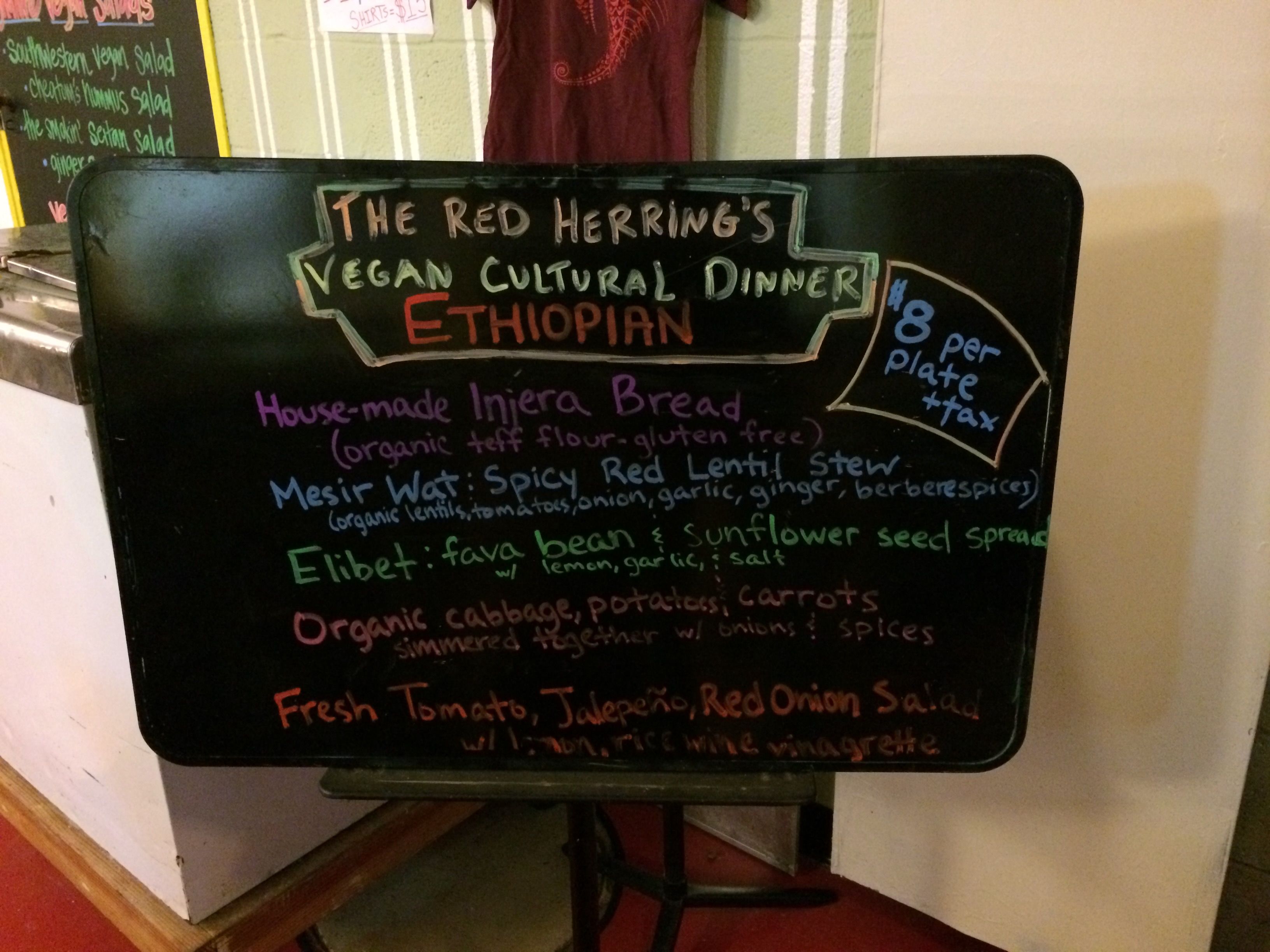 Menu of the Ethiopian meal from the vegan cultural dinners series at the Red Herring restaurant, 2014-02-19