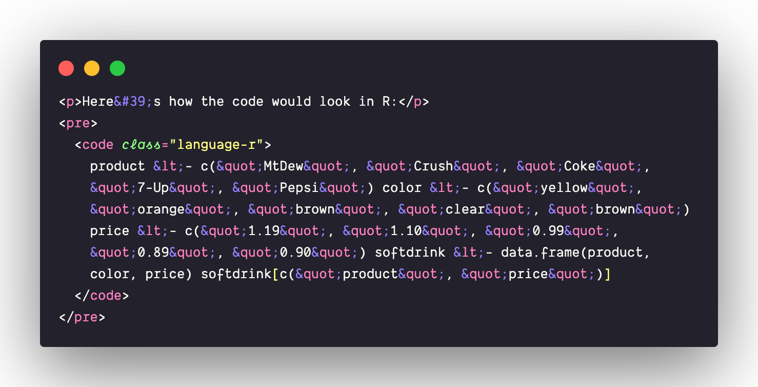 Screenshot of HTML code containing the R code example from this page