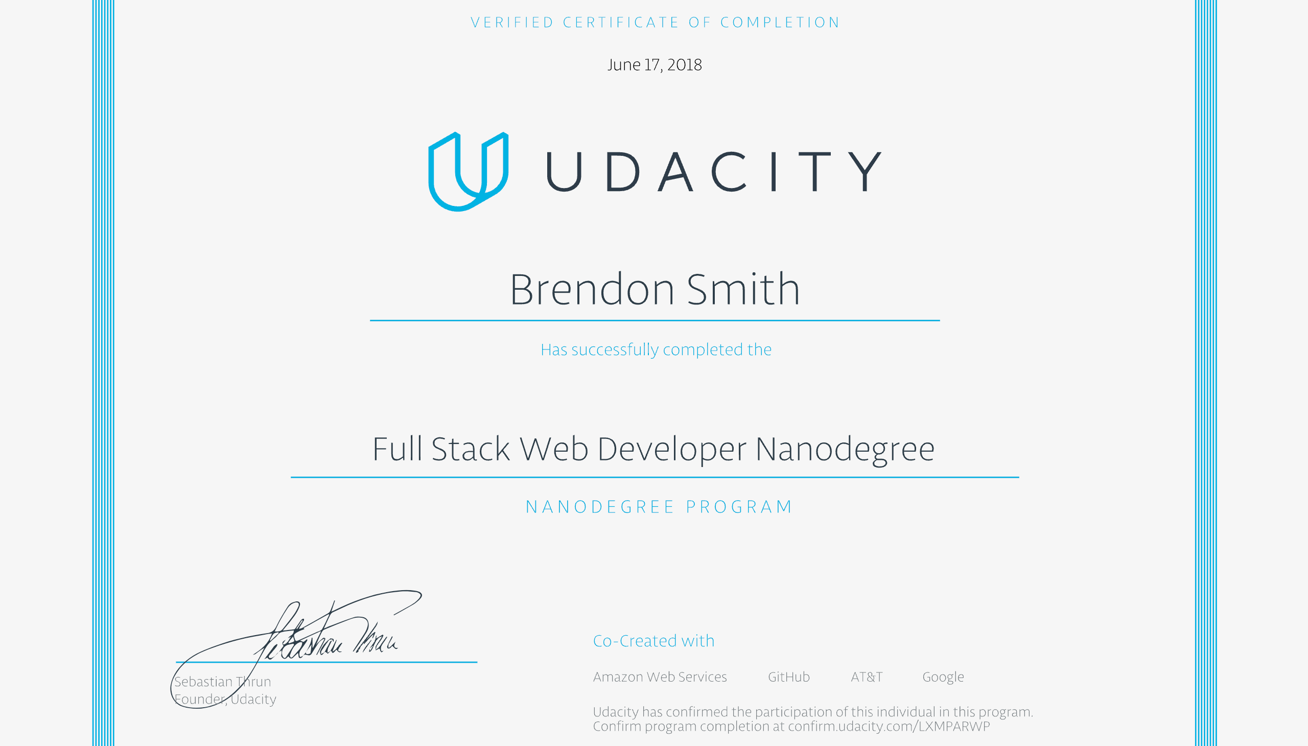 Udacity Full Stack Web Developer Nanodegree certificate screenshot