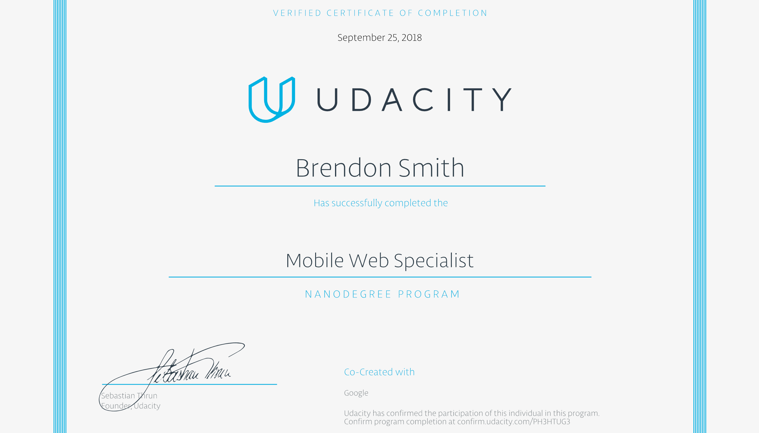 Udacity Mobile Web Specialist Nanodegree certificate screenshot